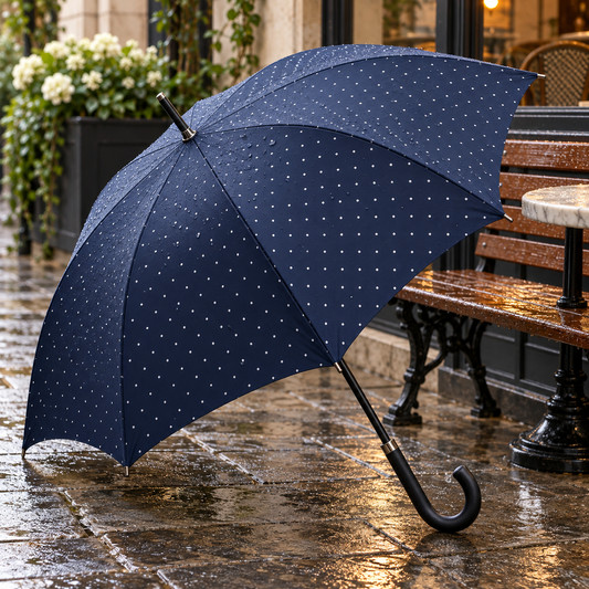 AI-generated styling illustration — Navy Dot Umbrella