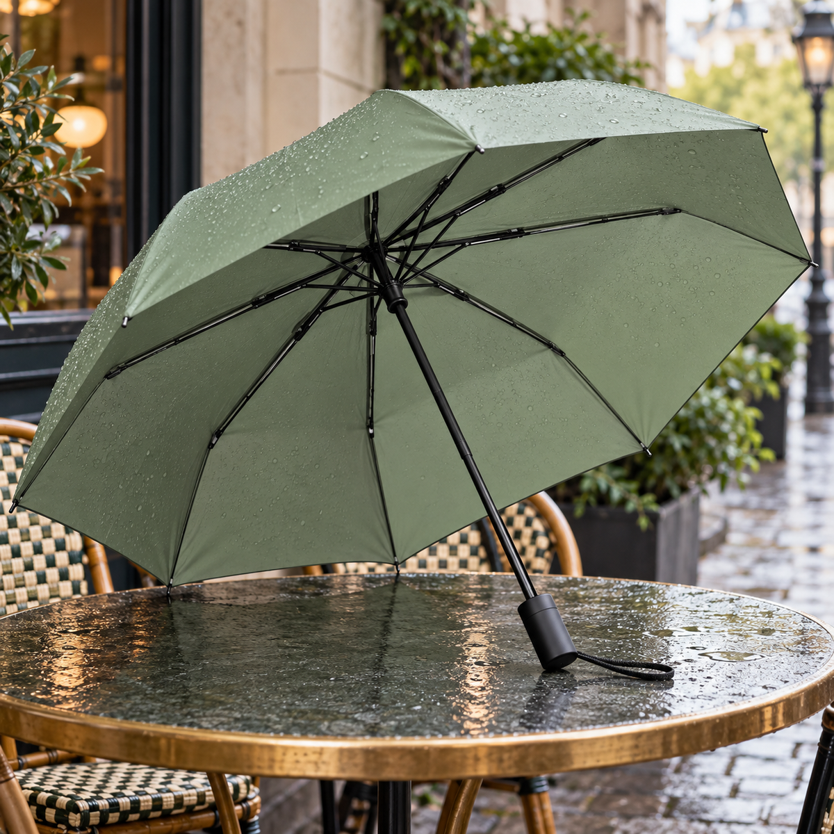 AI-generated styling illustration — Sage City Folding Umbrella