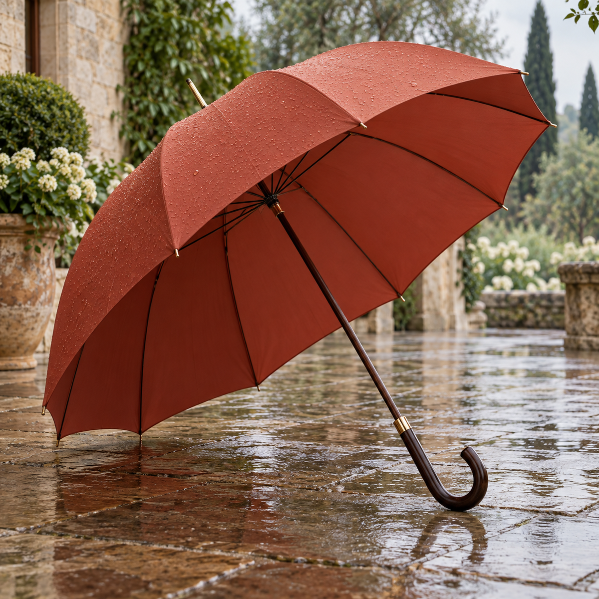 AI-generated styling illustration — Terracotta Walk Umbrella