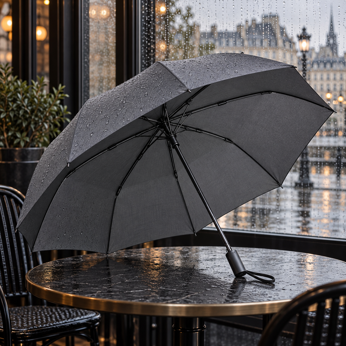 AI-generated styling illustration — Charcoal Metro Folding Umbrella