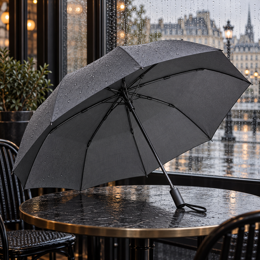 AI-generated styling illustration — Charcoal Metro Folding Umbrella