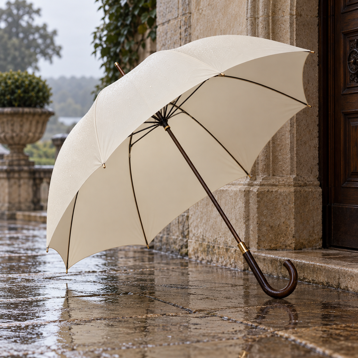 AI-generated styling illustration — Ivory Avenue Umbrella